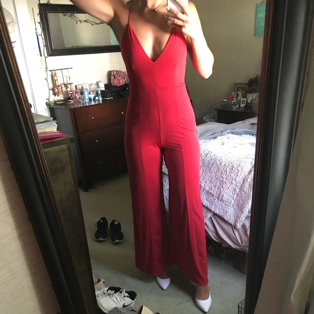 Red Plunge Jumpsuit Lulus
